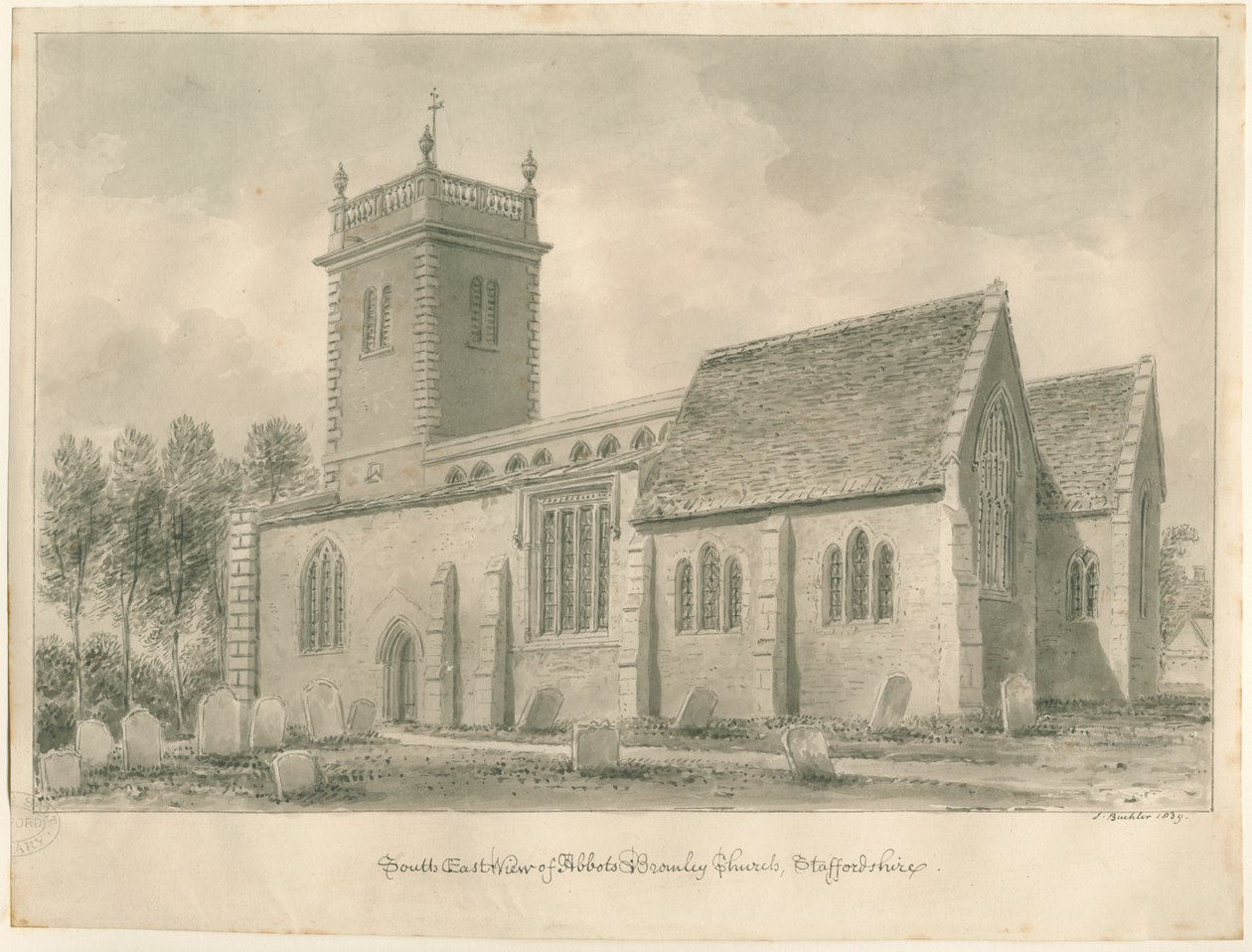 Abbots Bromley Church: seepiapiirustus tekijältä John Buckler