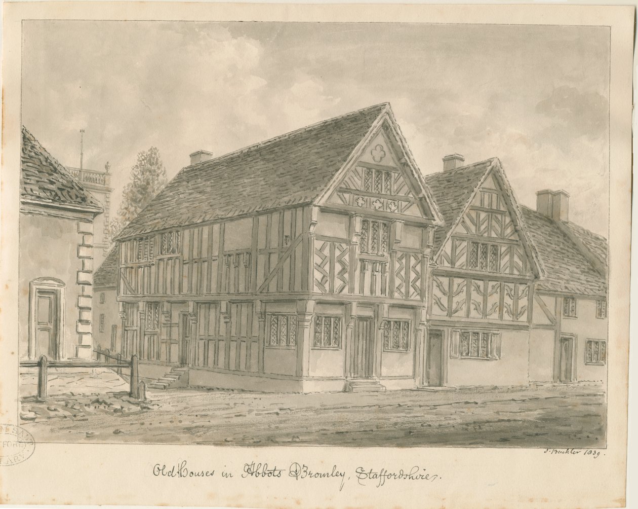 Abbots Bromley Old Houses: seepiapiirustus, 1839 tekijältä John Buckler