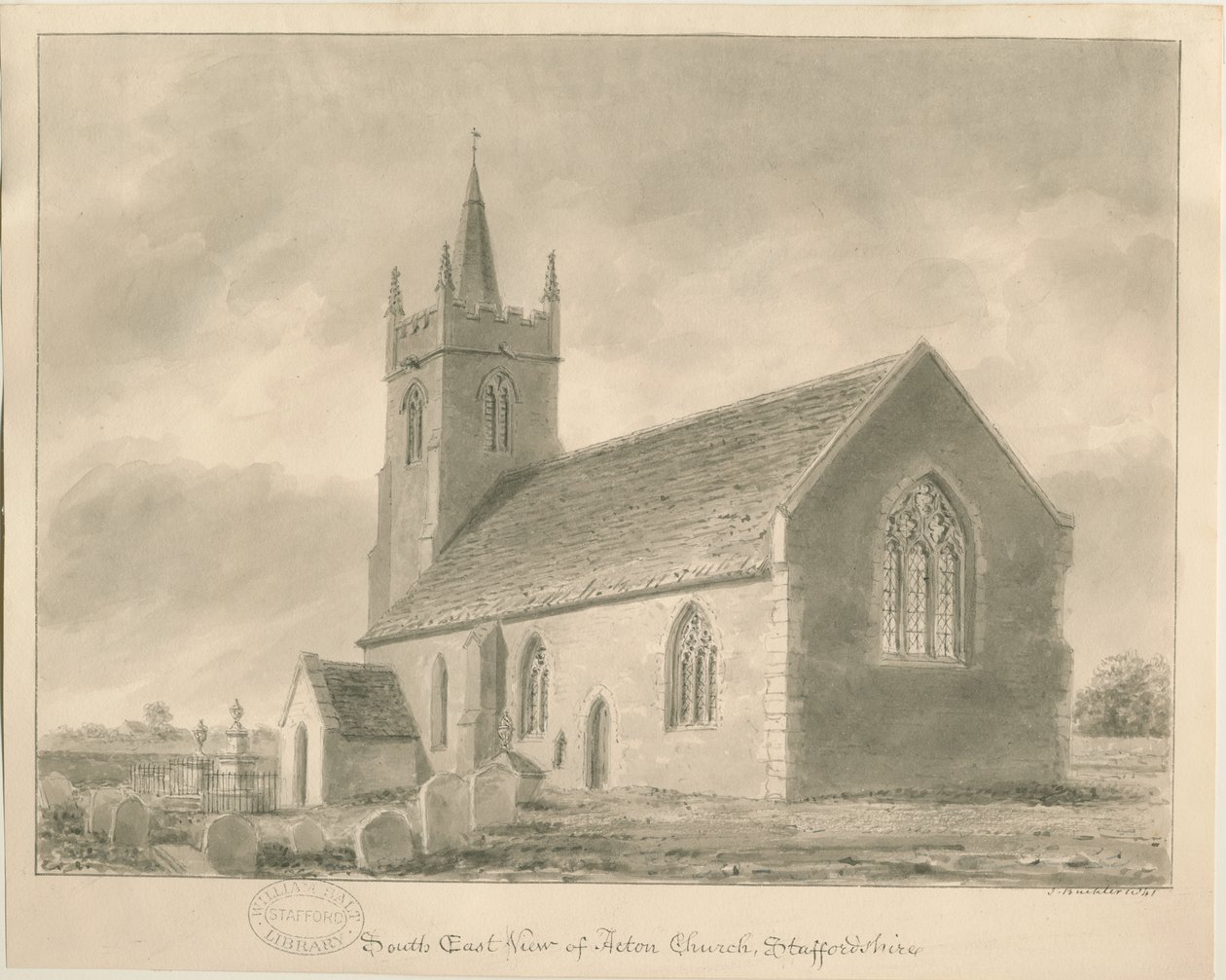 Acton Trussell Church: seepiapiirustus, 1841 tekijältä John Buckler