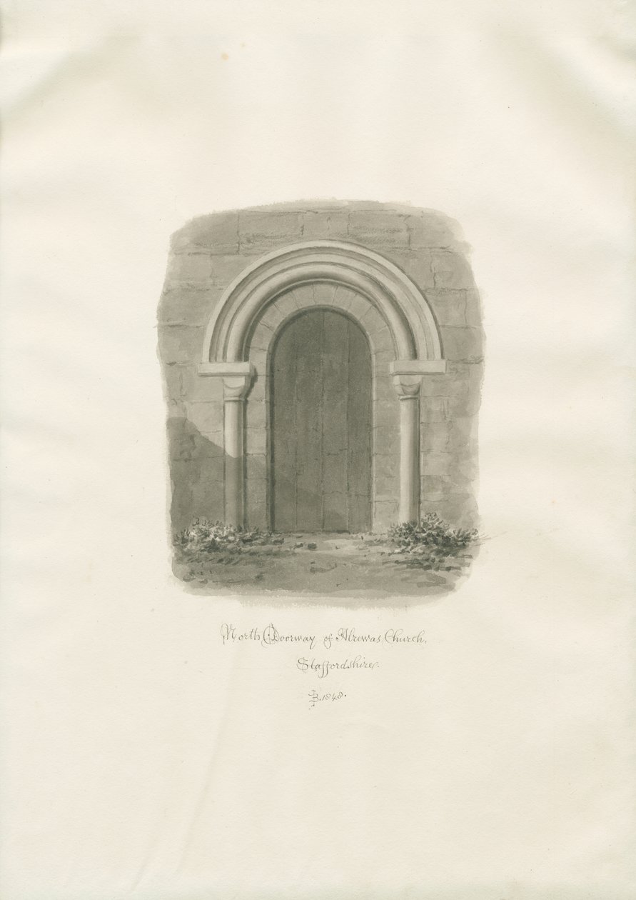 Alrewasin kirkko - North Doorway: seepiapiirros tekijältä John Buckler