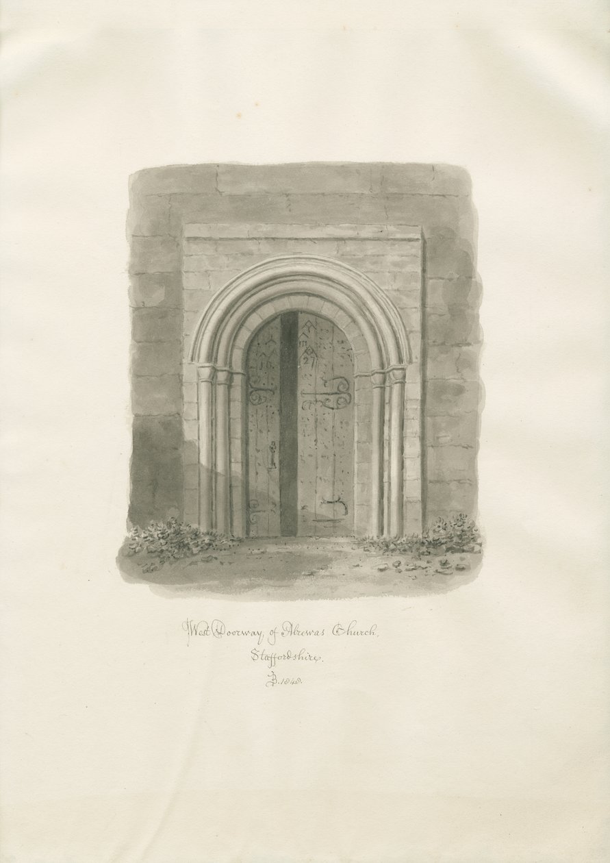 Alrewasin kirkko - West Doorway: seepiapiirros tekijältä John Buckler