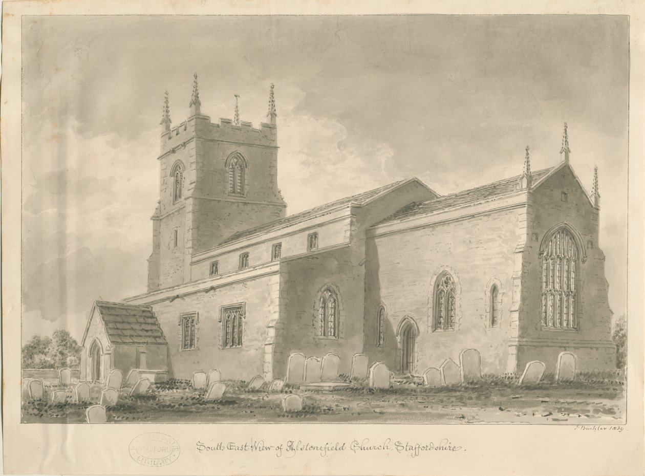 Alstonfield Church: seepiapiirros, 1839 tekijältä John Buckler