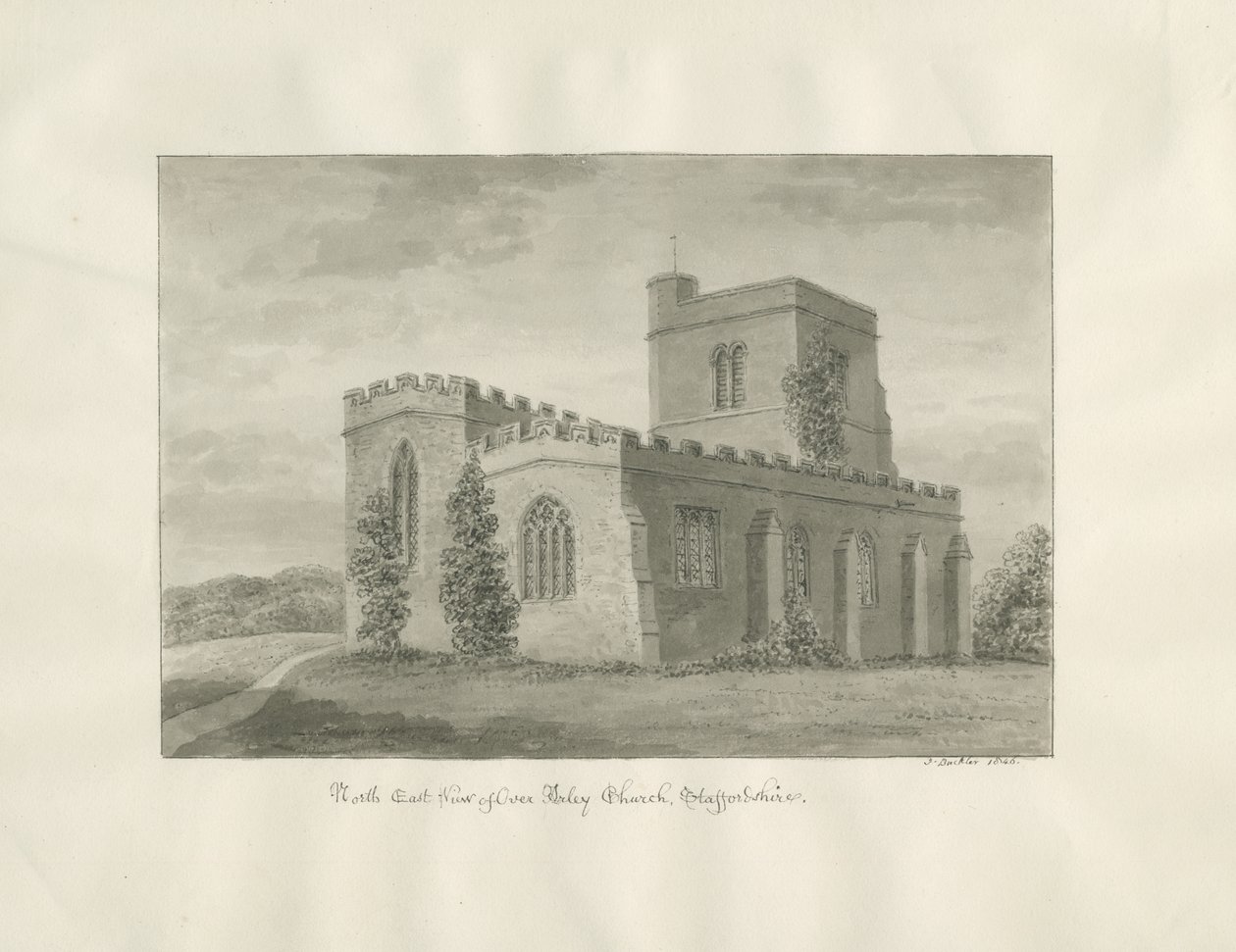 Arley Church: seepiapiirustus, 1846 tekijältä John Buckler