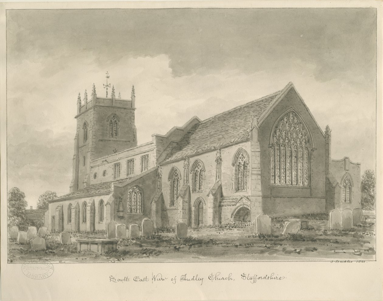 Audley Church: seepiapiirustus, 1840 tekijältä John Buckler