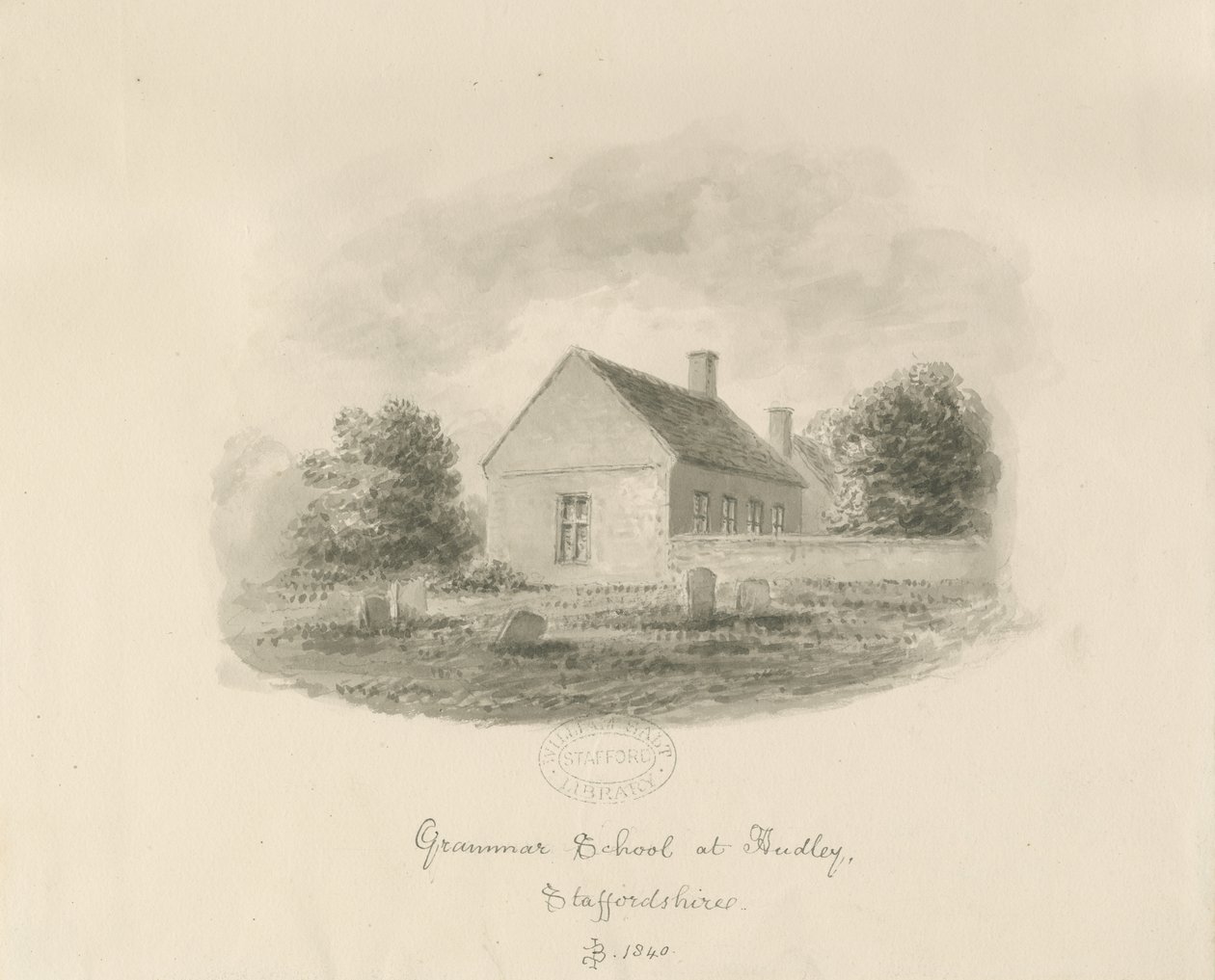 Audley Grammar School: seepiapiirustus tekijältä John Buckler