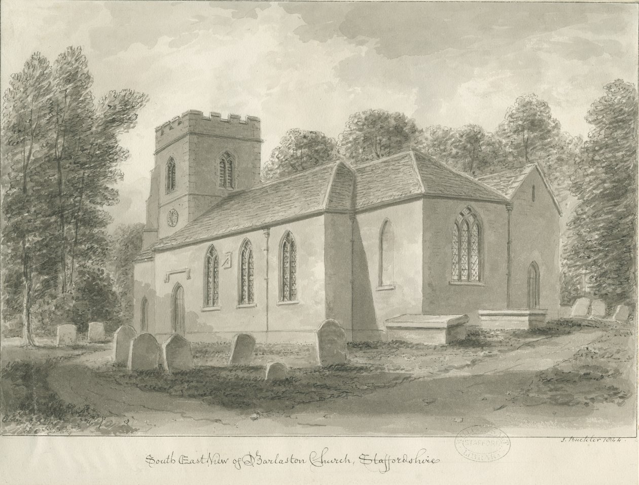 Barlaston Church: seepiapiirros, 1844 tekijältä John Buckler