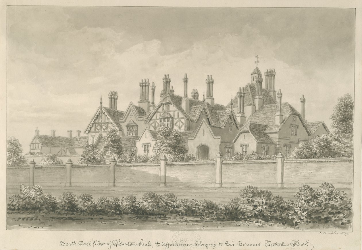 Barton Under Needwood - "Barton Hall": seepiapiirustus, 1839 tekijältä John Buckler