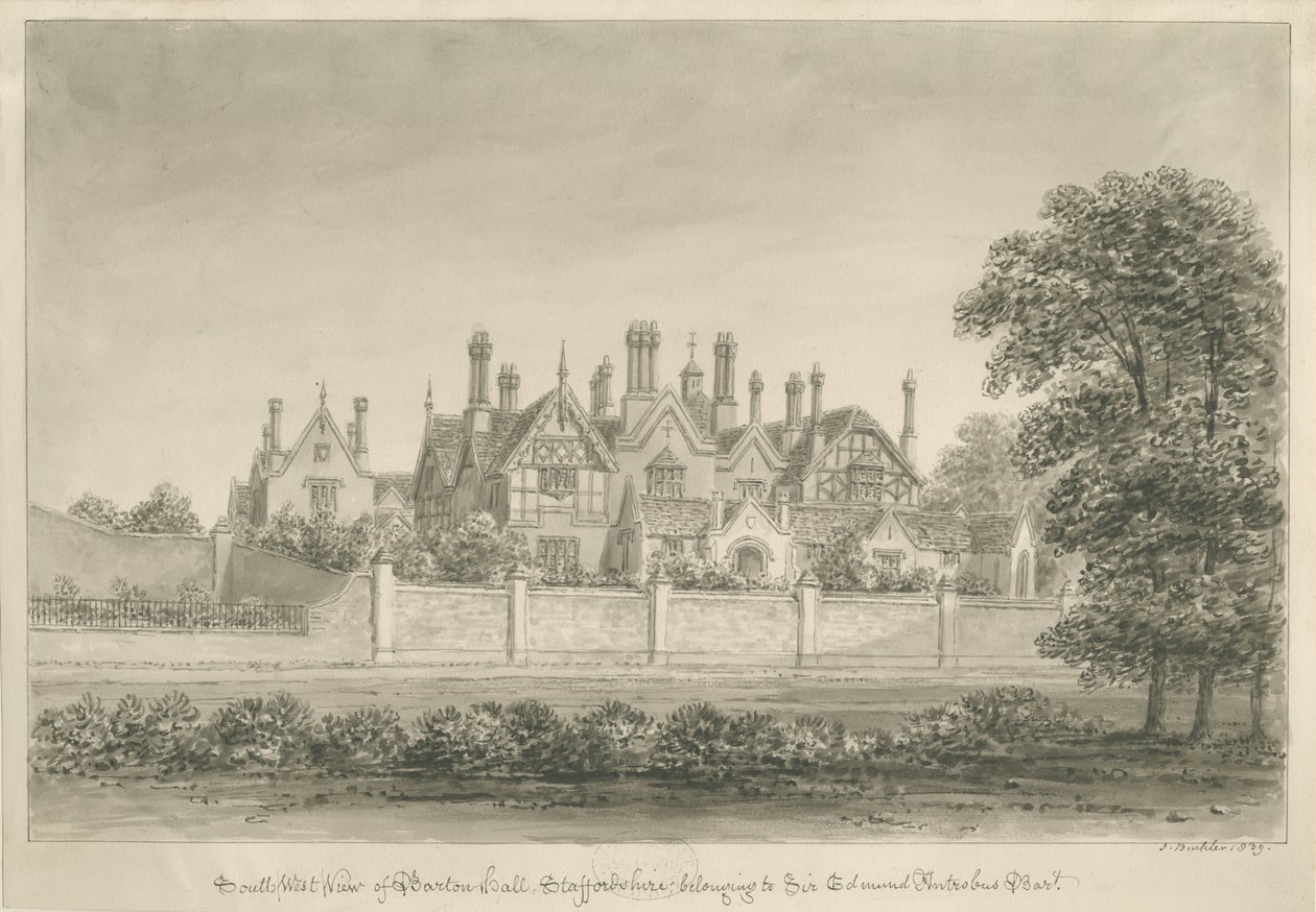 Barton Under Needwood - "Barton Hall": seepiapiirustus, 1839 tekijältä John Buckler