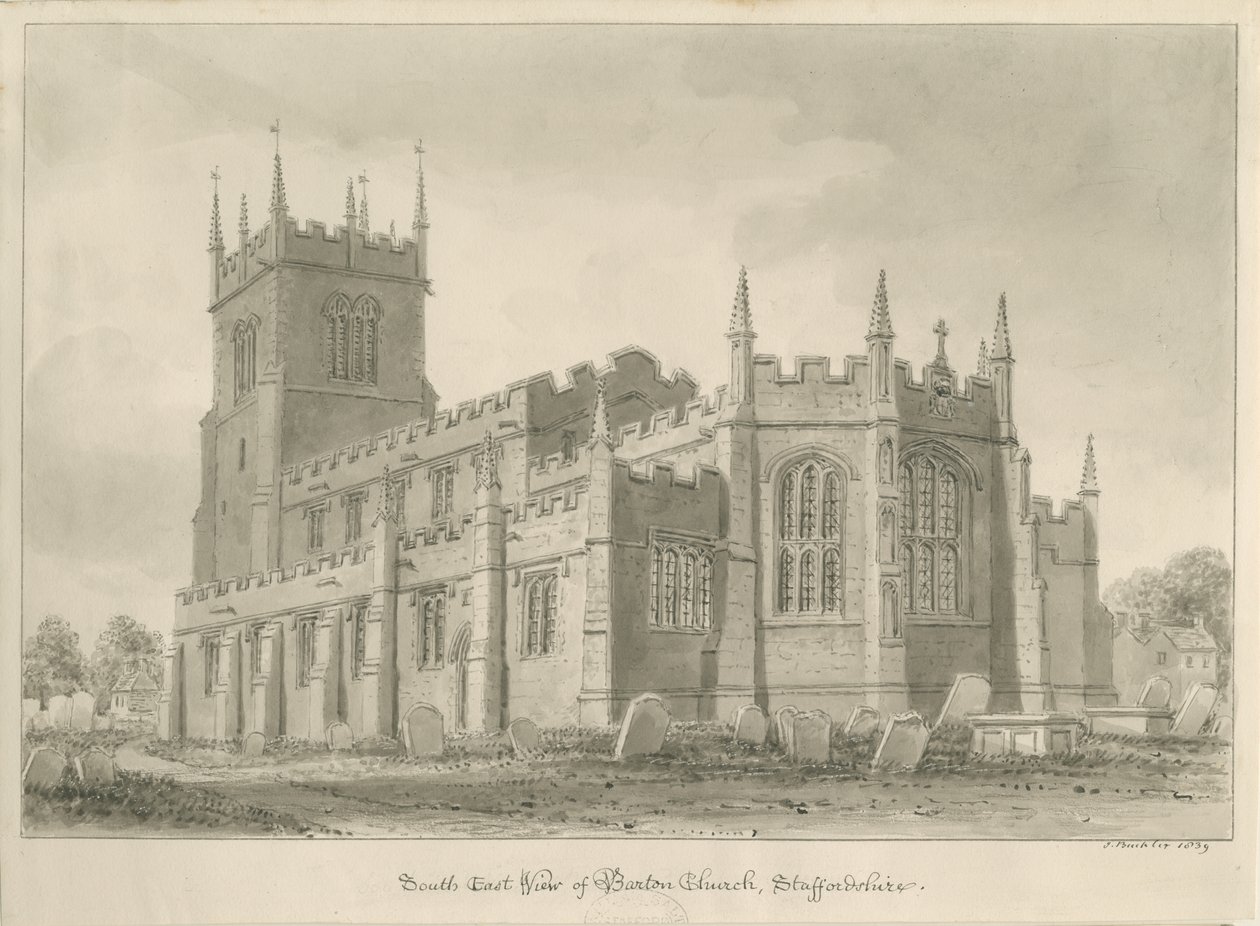 Barton Under Needwood Church: seepiapiirustus tekijältä John Buckler