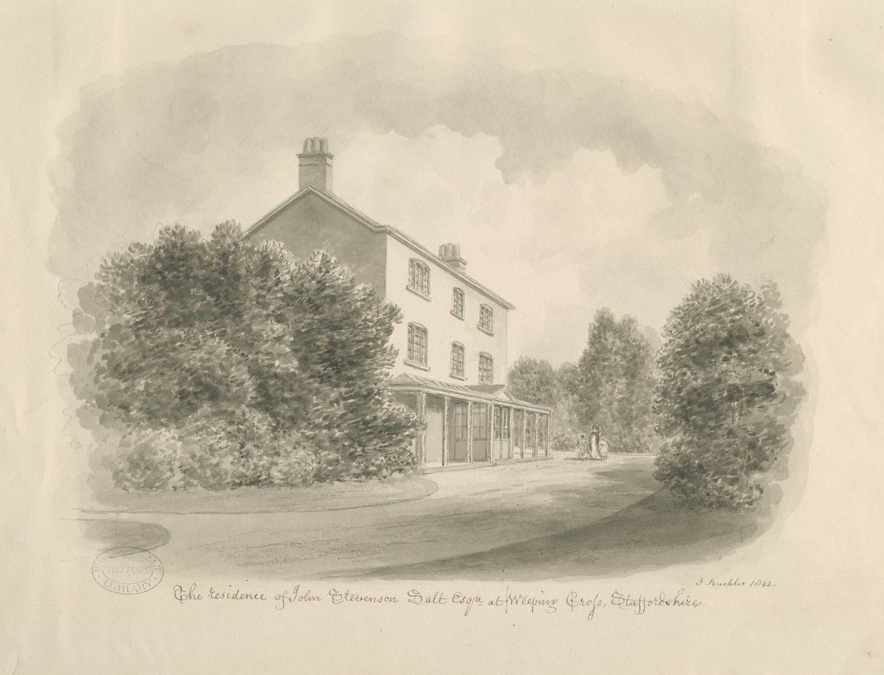 Baswich Village - John Stevenson Saltin talo, Esq. : seepiapiirustus, 1842 tekijältä John Buckler
