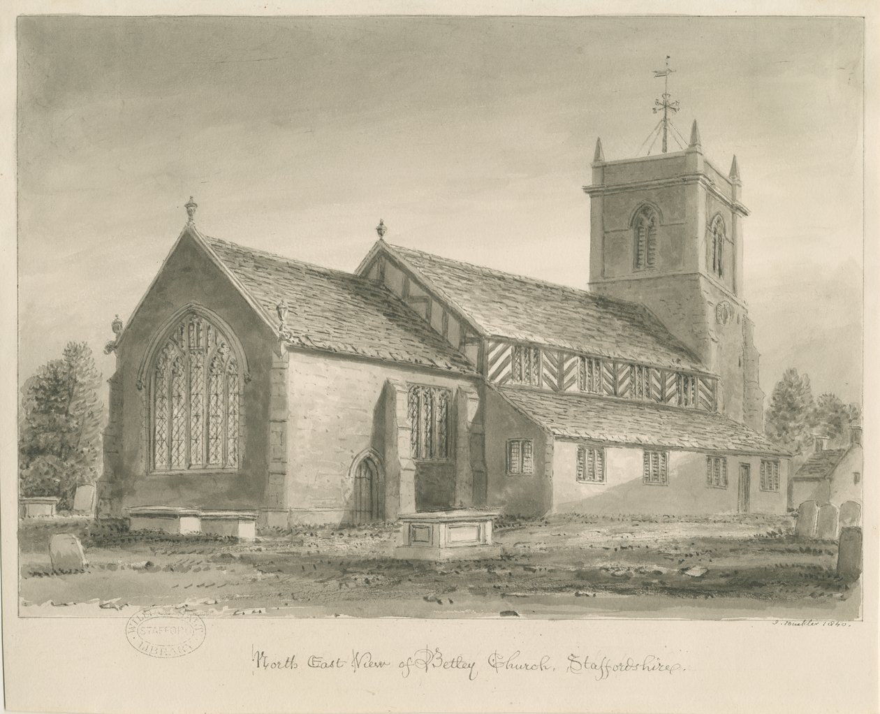 Betley Church: seepiapiirustus, 1840 tekijältä John Buckler