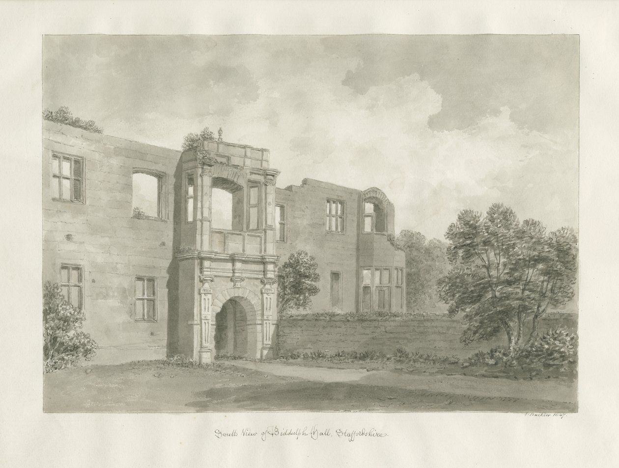 Biddulph Hall (vanha): seepiapiirustus tekijältä John Buckler