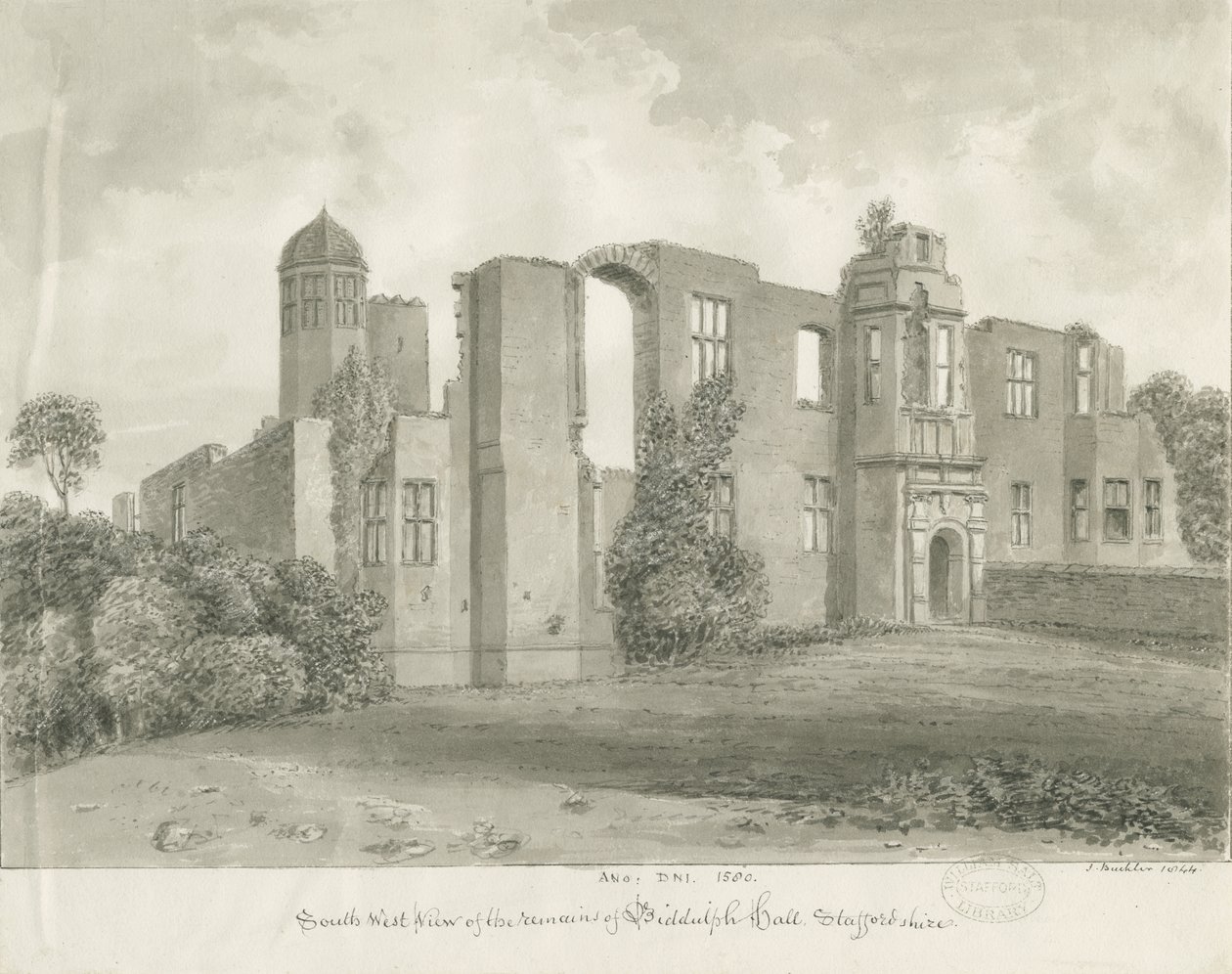 Biddulph Hall (vanha): seepiapiirustus tekijältä John Buckler