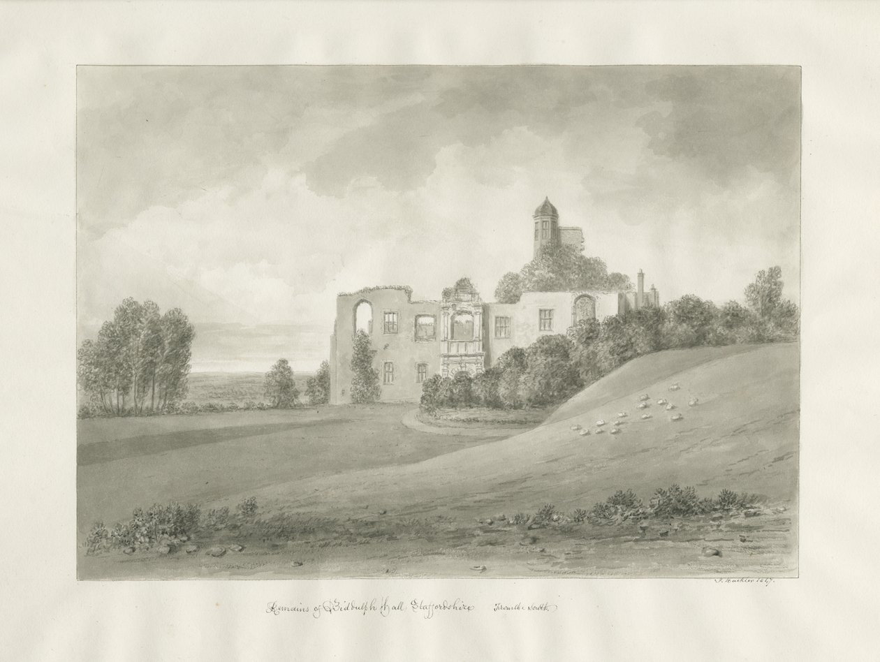 Biddulph Hall (vanha): seepiapiirustus tekijältä John Buckler