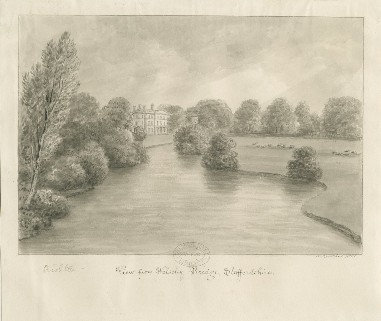 Bishton Hall: seepiapiirustus, 1841 tekijältä John Buckler