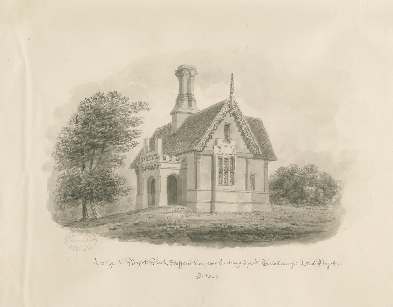 Blithfield - "Lodge at Bagot Park" : seepiapiirros tekijältä John Buckler
