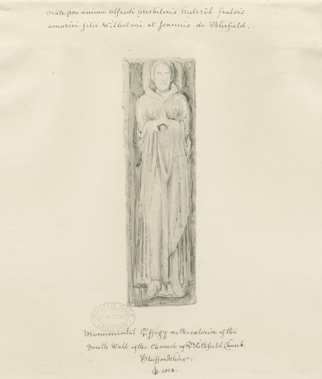 Blithfield Church - monumentaalinen hahmo: sävytetty piirustus, 1823 tekijältä John Buckler