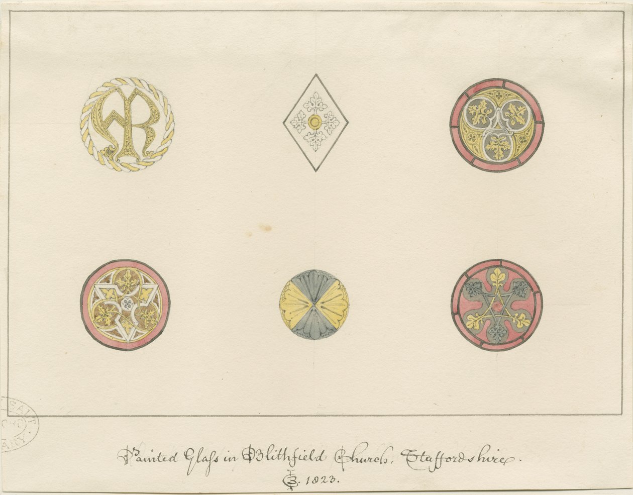 Blithfieldin kirkko - maalattua lasia: lyijykynäpiirroksia, 1823 tekijältä John Buckler