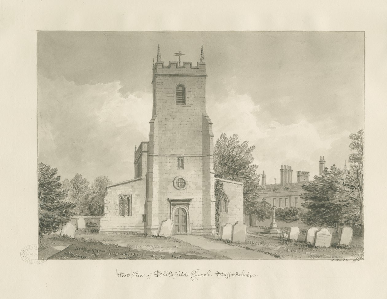 Blithfield Church: seepiapiirustus tekijältä John Buckler