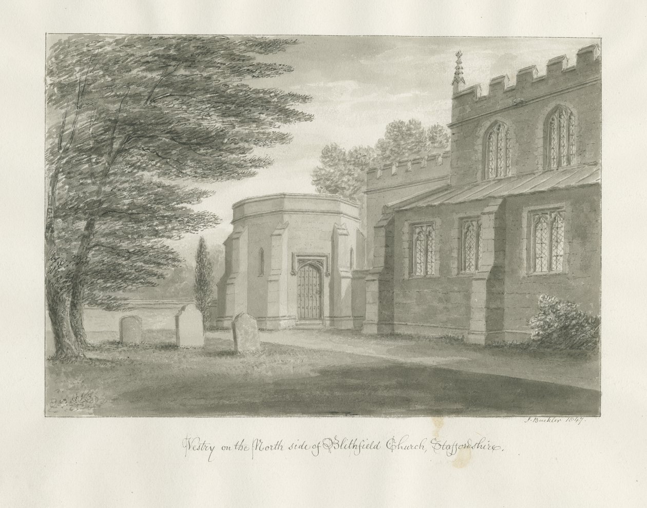 Blithfield Church: seepiapiirustus, 1847 tekijältä John Buckler