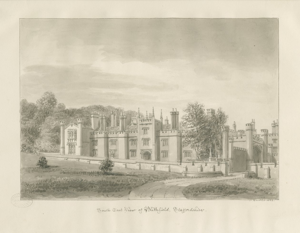 Blithfield Hall: seepiapiirustus, 1823 tekijältä John Buckler