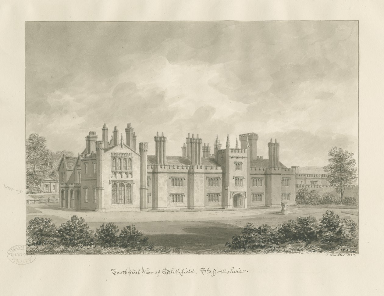 Blithfield Hall: seepiapiirustus, 1823 tekijältä John Buckler