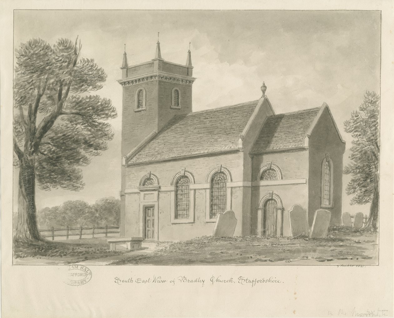 Bradley-in-the-Moors Church: seepiapiirustus, 1841 tekijältä John Buckler