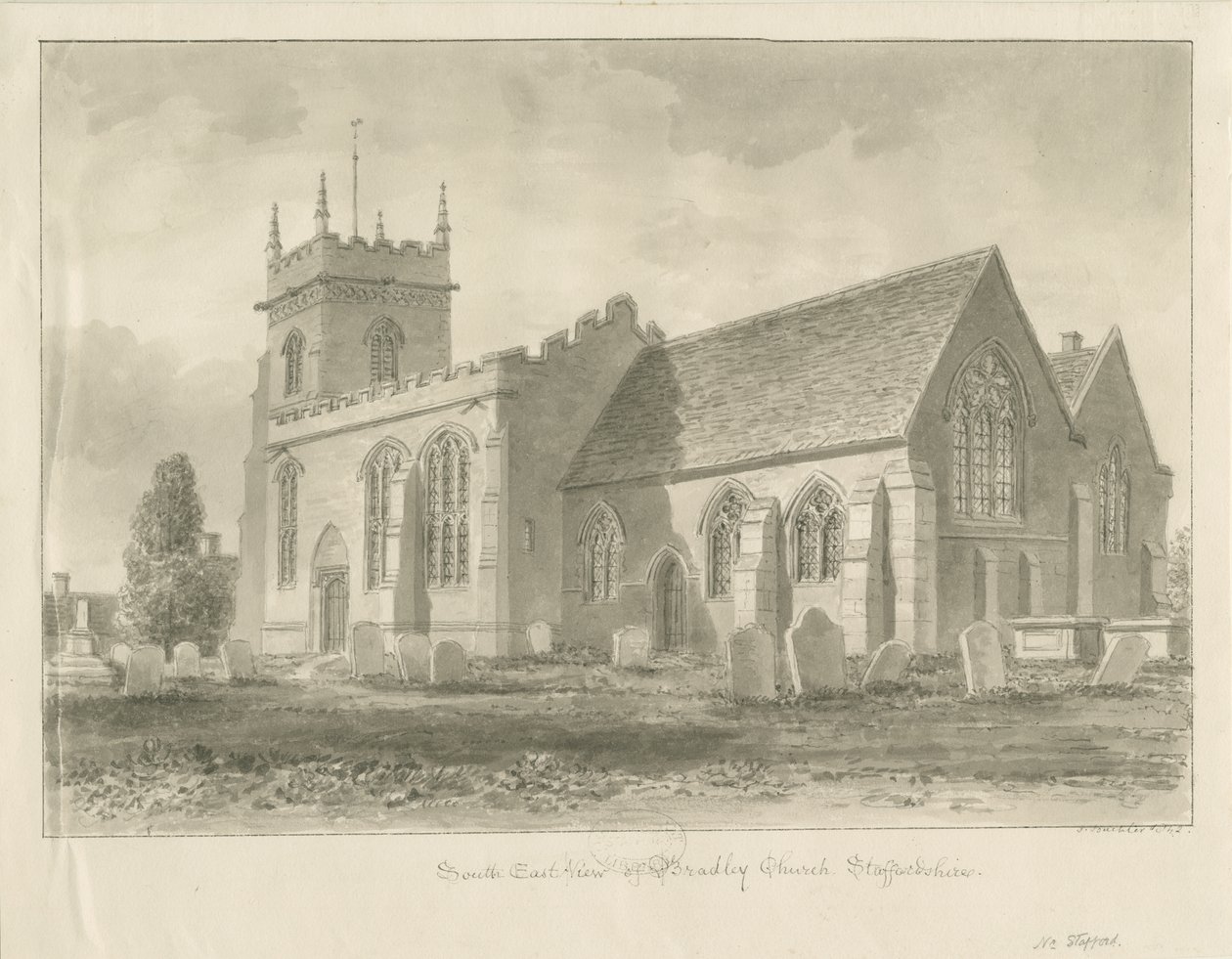 Bradley Church: seepiapiirros, 1842 tekijältä John Buckler