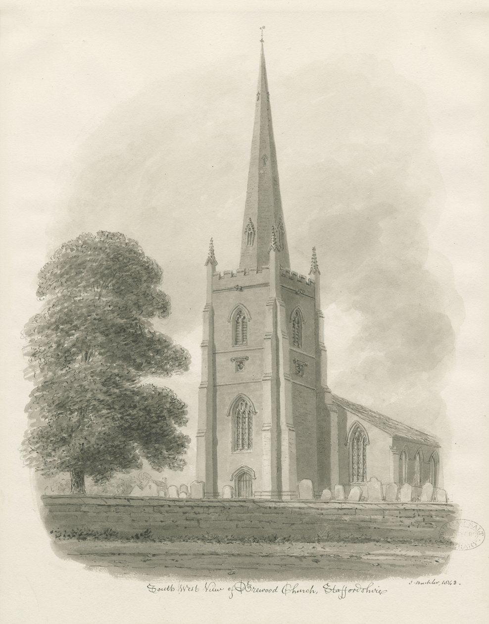 Brewood Church: seepiapiirros, 1843 tekijältä John Buckler