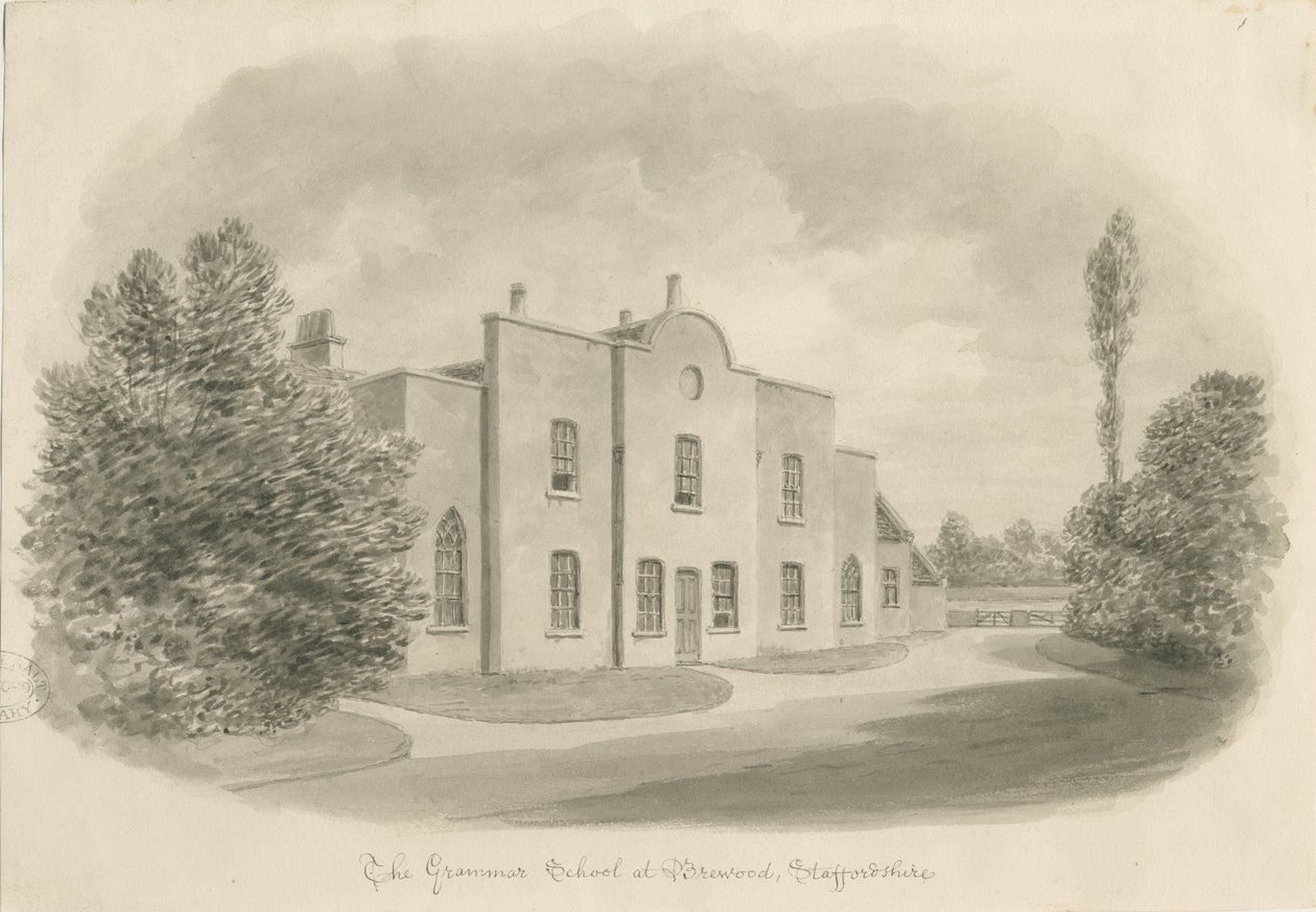 Brewood Grammar School: seepiapiirustus, nd [c 1842] (piirustus) tekijältä John Buckler
