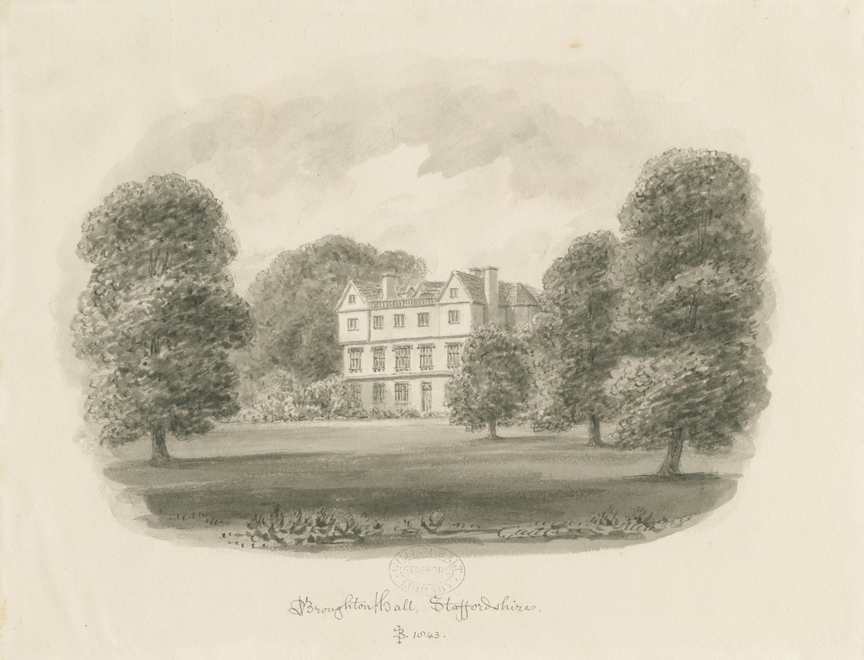 Broughton Hall: seepiapiirustus tekijältä John Buckler