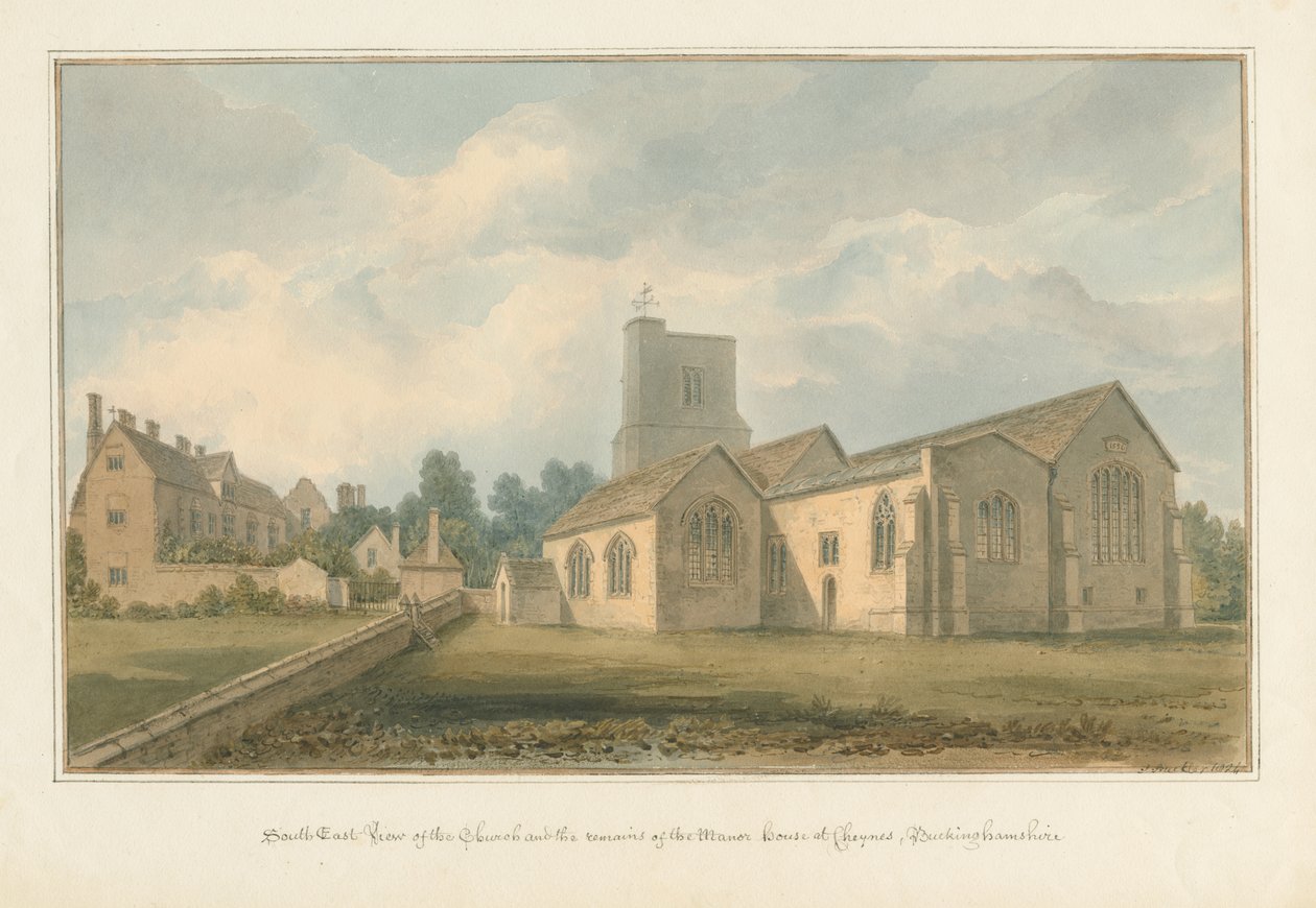 Buckinghamshire - Cheniesin kirkko ja kartanon jäännökset, 1824 tekijältä John Buckler