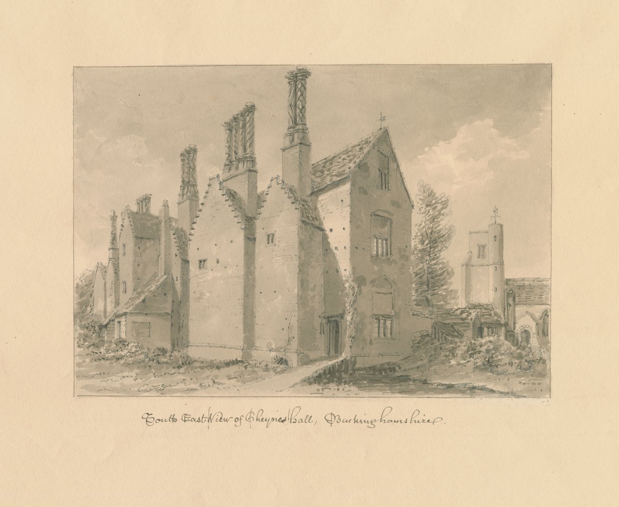 Buckinghamshire - Chenies Hall: seepiapiirustus tekijältä John Buckler