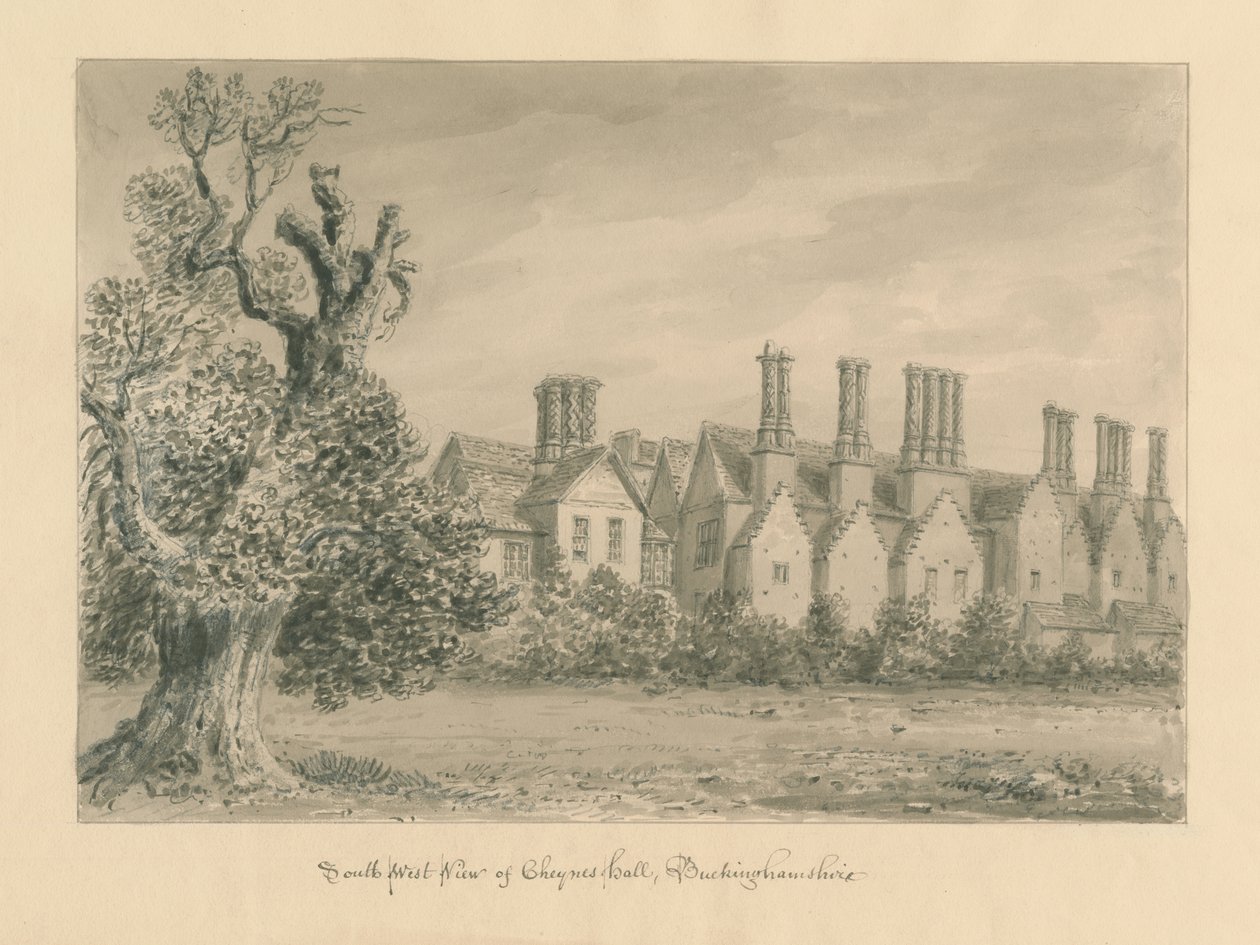 Buckinghamshire - Chenies Hall: seepiapiirustus, 1824 tekijältä John Buckler