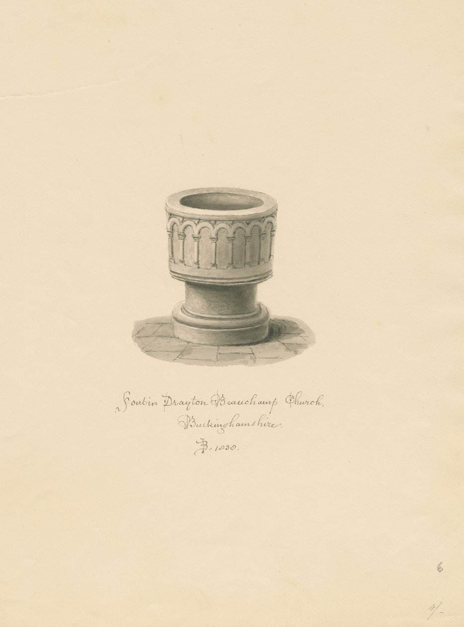 Buckinghamshire - Drayton Beauchamp Church: seepiapiirustus, 1838 tekijältä John Buckler