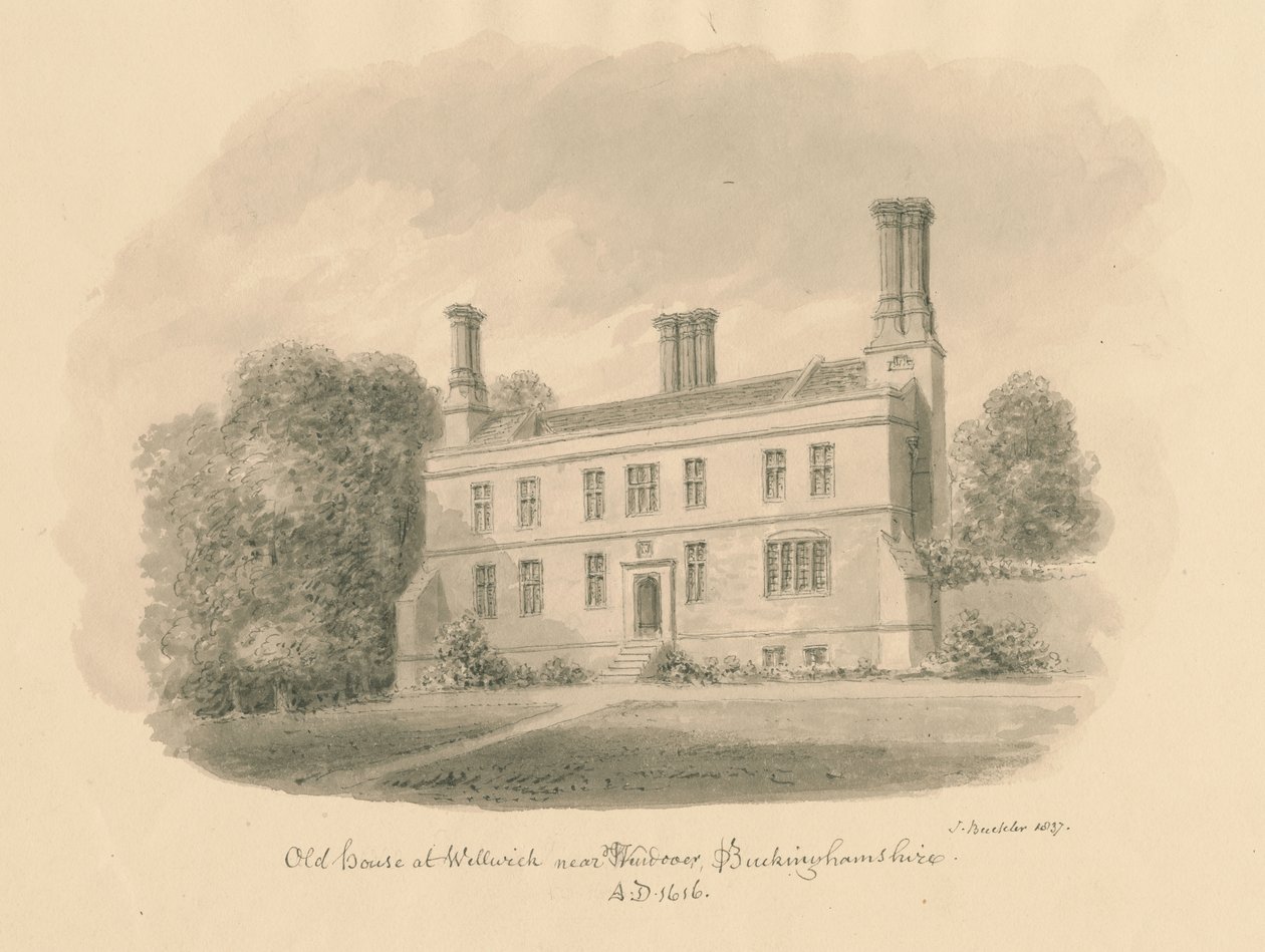 Buckinghamshire - Wellwick - Old House: seepiapiirros vinjetoitu, 1837 tekijältä John Buckler