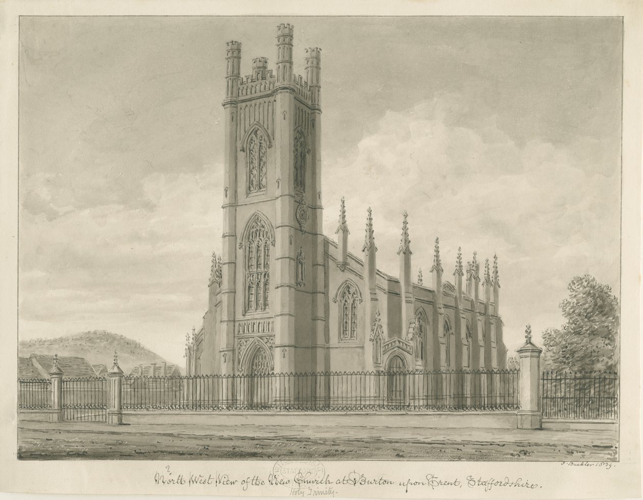 Burton-upon-Trent - Pyhän kolminaisuuden kirkko: seepiapiirros, 1839 tekijältä John Buckler