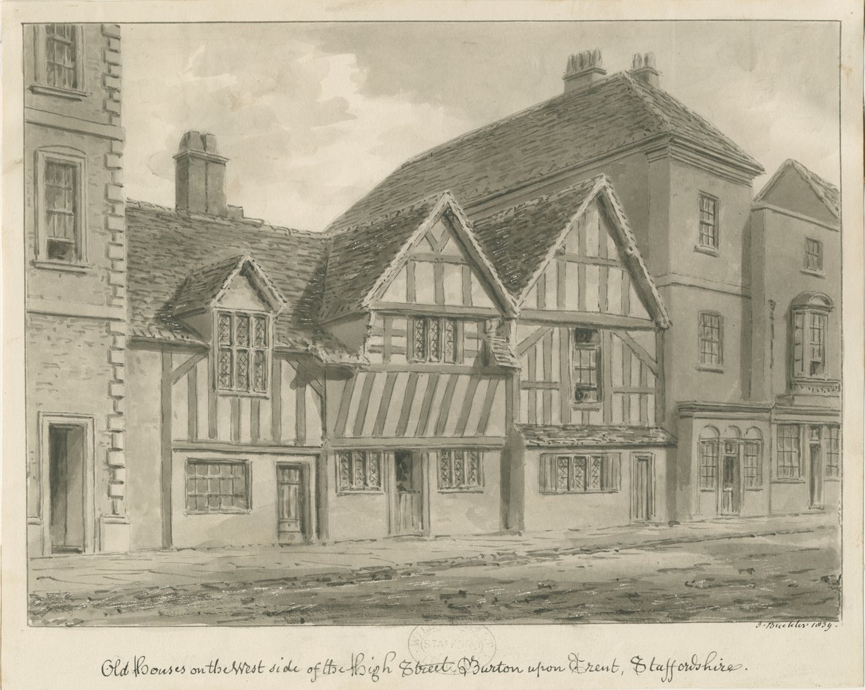 Burton-upon-Trent - Vanhat talot High Streetillä: seepiapiirros, 1839 tekijältä John Buckler