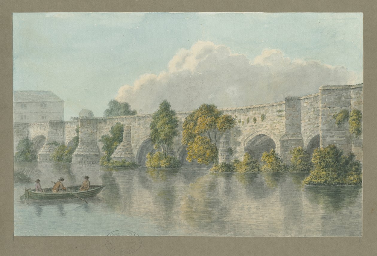 Burton-upon-Trent Bridge and Town: akvarellimaalaus ja [?1700-luku] tekijältä John Buckler