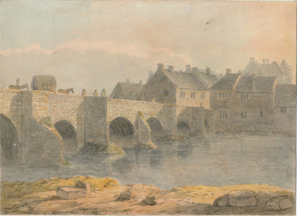 Burton-upon-Trent Bridge and Town: akvarellimaalaus ja [?1700-luku] tekijältä John Buckler