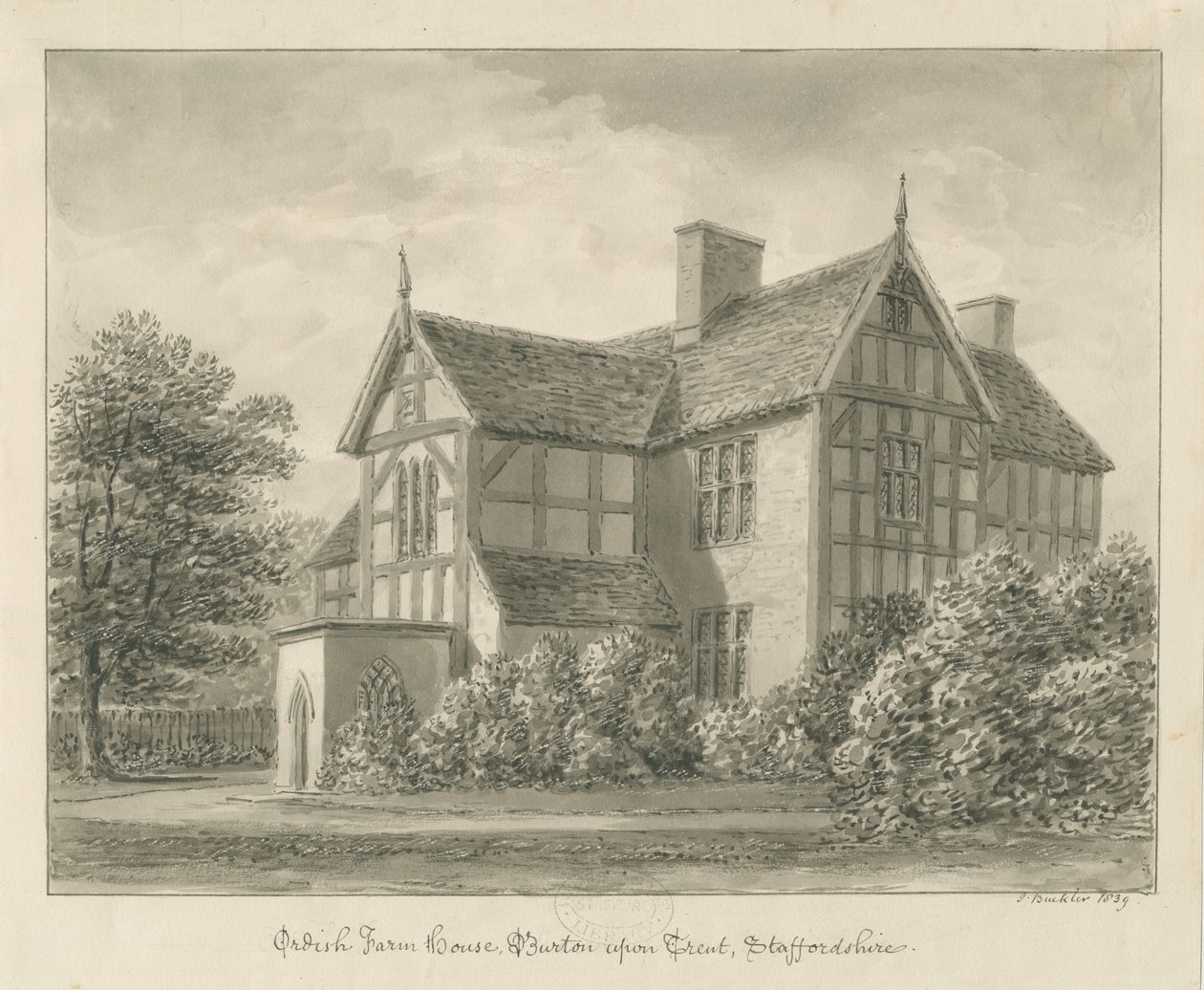 Burton-upon-Trent: Ordish Farm House: seepiapiirros, 1839 tekijältä John Buckler