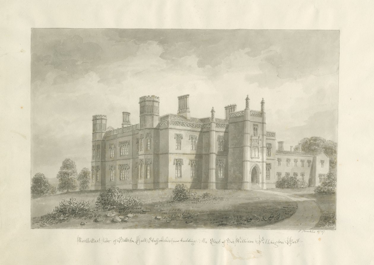 Butterton Hall: seepiapiirustus tekijältä John Buckler