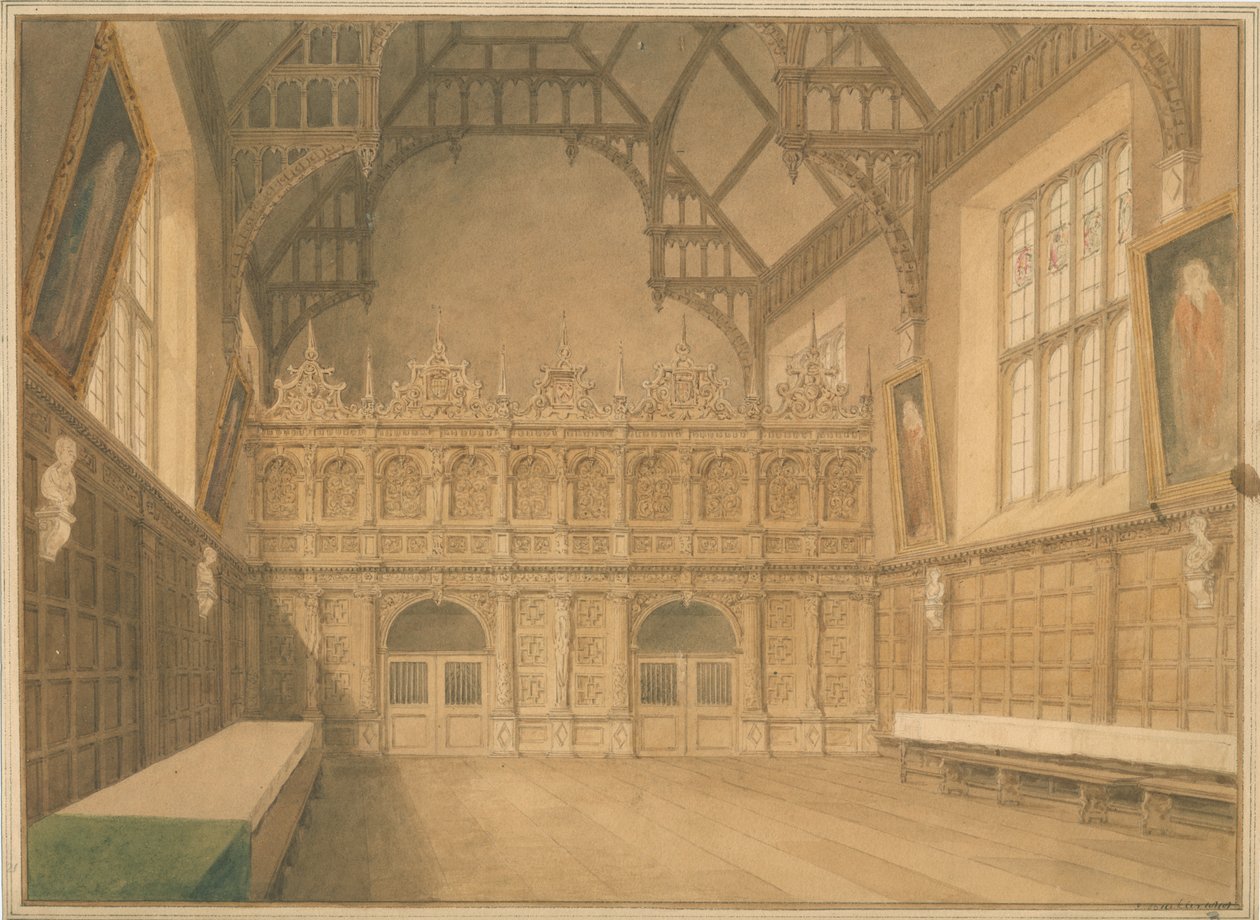 Cambridgeshire - Trinity College Hall - Sisänäkymä tekijältä John Buckler