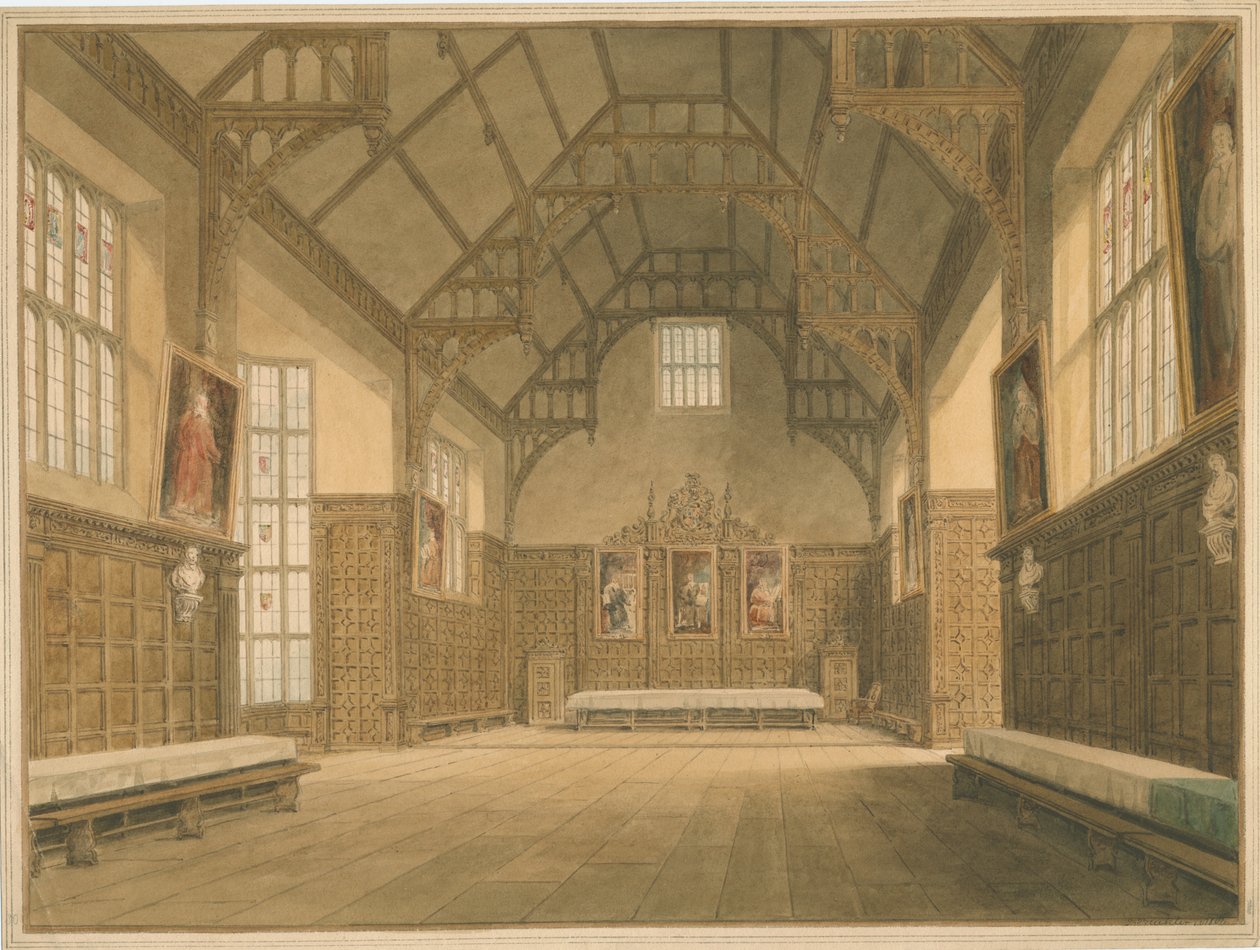 Cambridgeshire - Trinity College Hall - Sisäkuva, 1818 tekijältä John Buckler