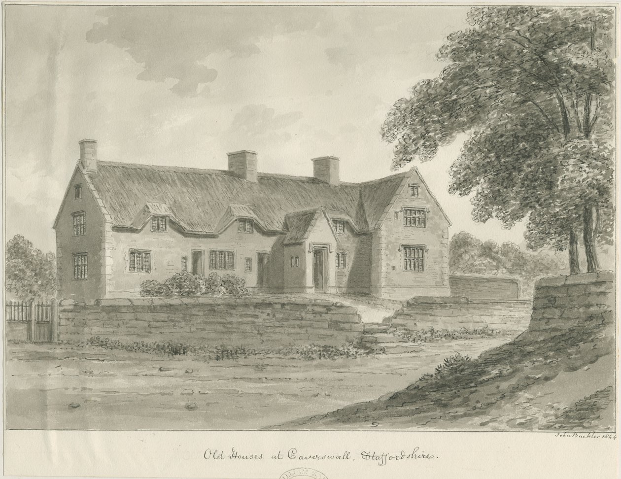 Caverswall Village - Vanhat talot: seepiapiirros, 1840 tekijältä John Buckler