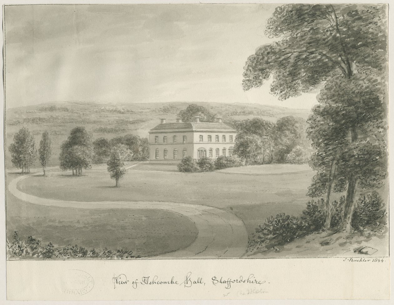 Cheddleton - Ashcombe Hall: seepiapiirustus, 1844 tekijältä John Buckler