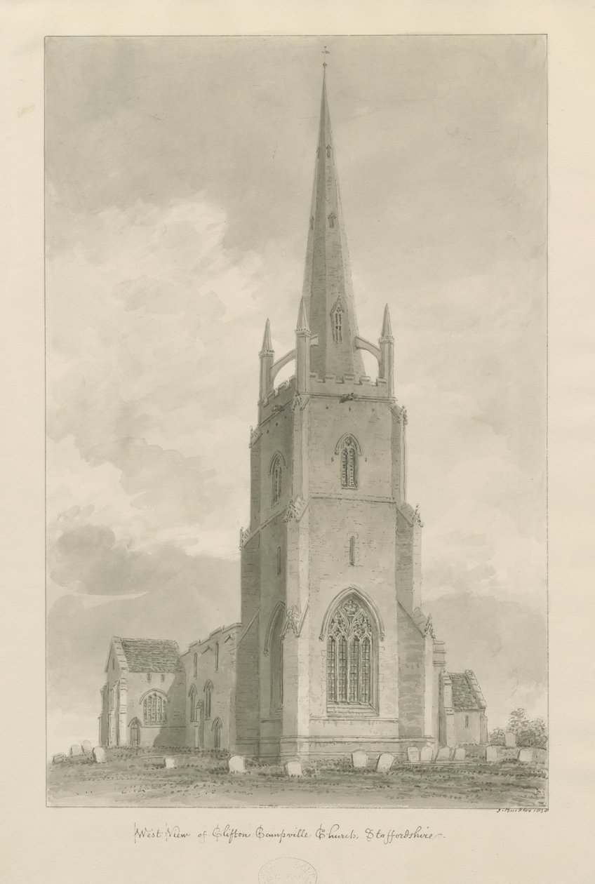 Clifton Campville Church: seepiapiirustus, 1838 tekijältä John Buckler