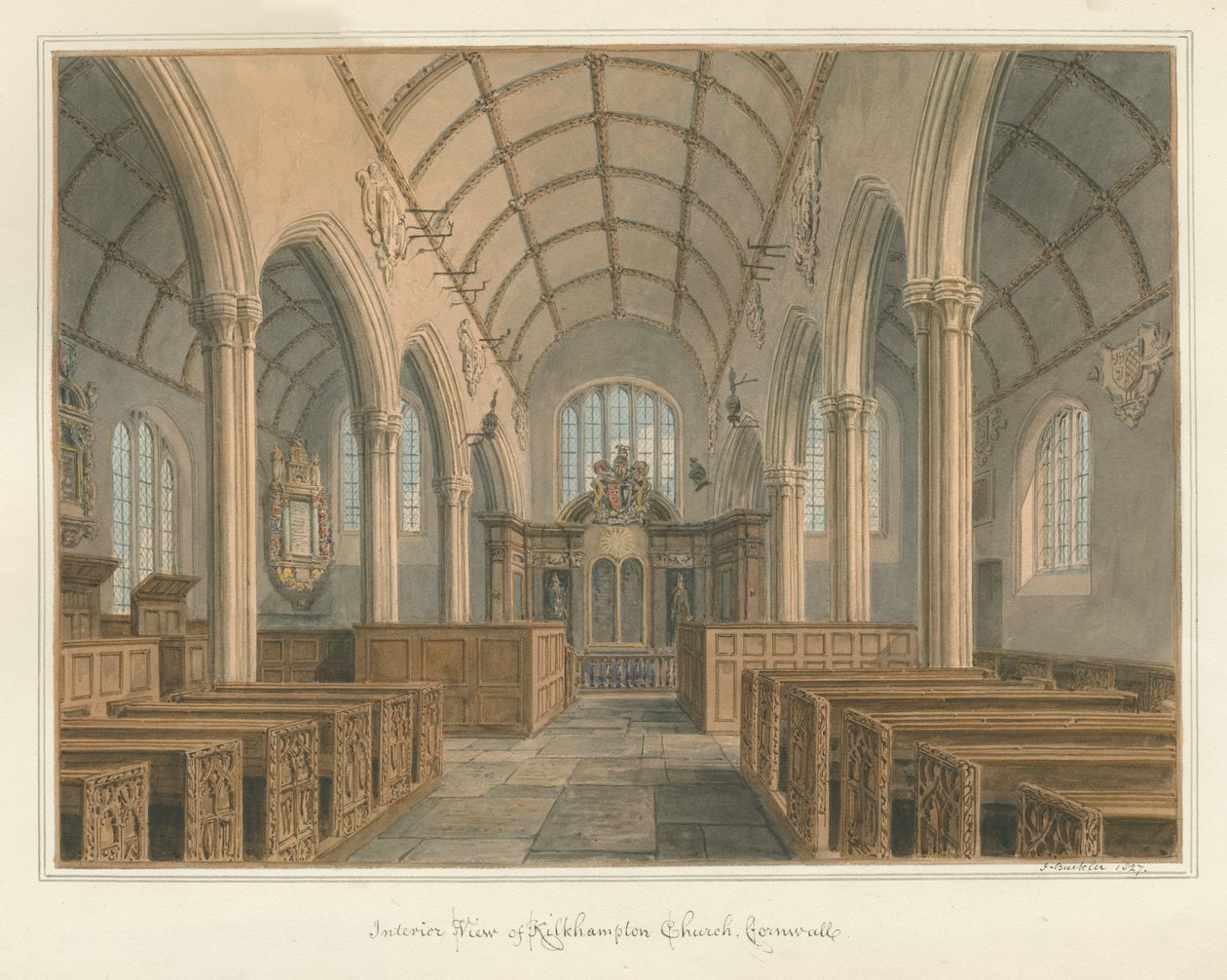 Cornwall - Kilkhamptonin kirkko - Sisäkuva, 1827 tekijältä John Buckler