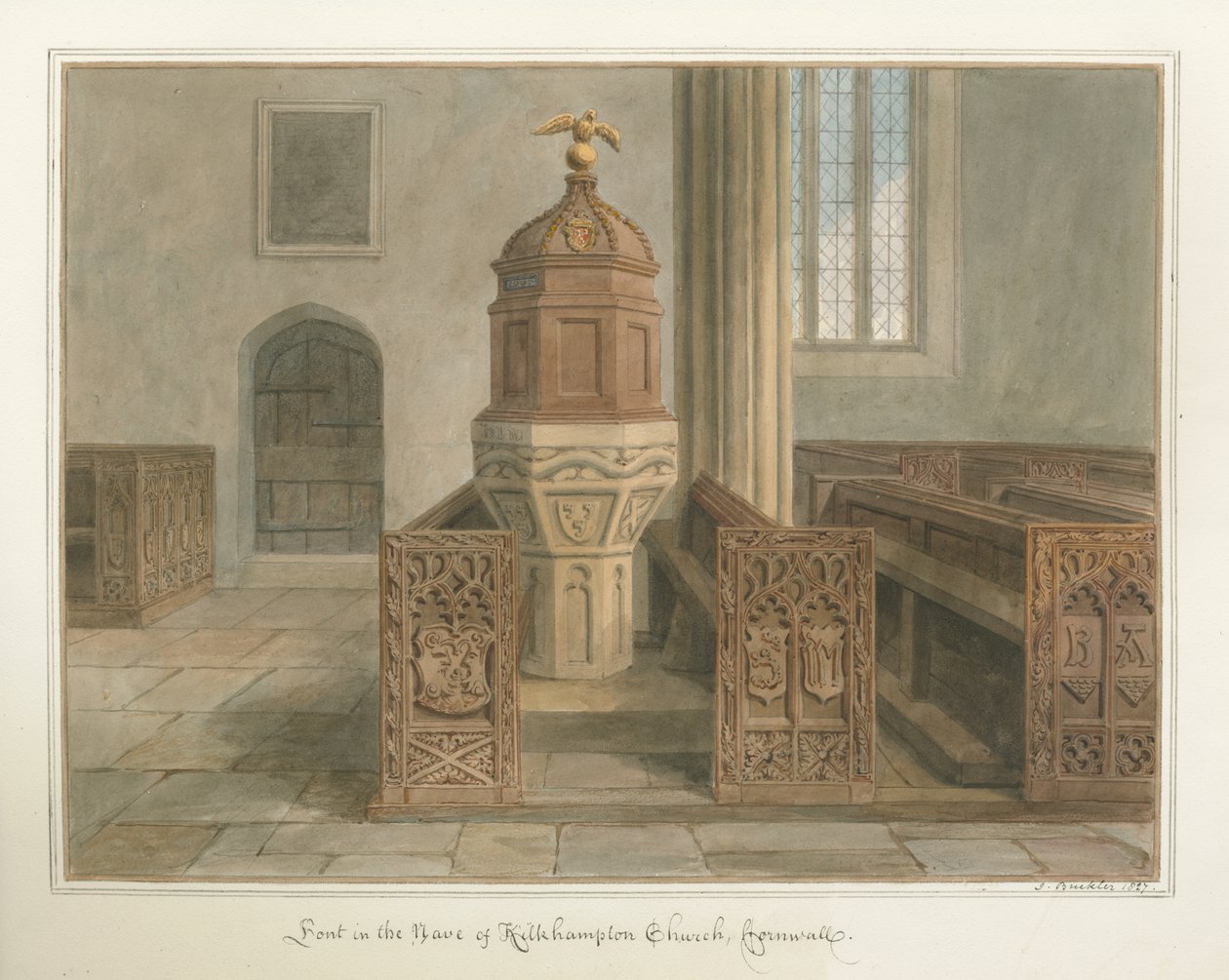 Cornwall - Kilkhamptonin kirkko, 1827 tekijältä John Buckler