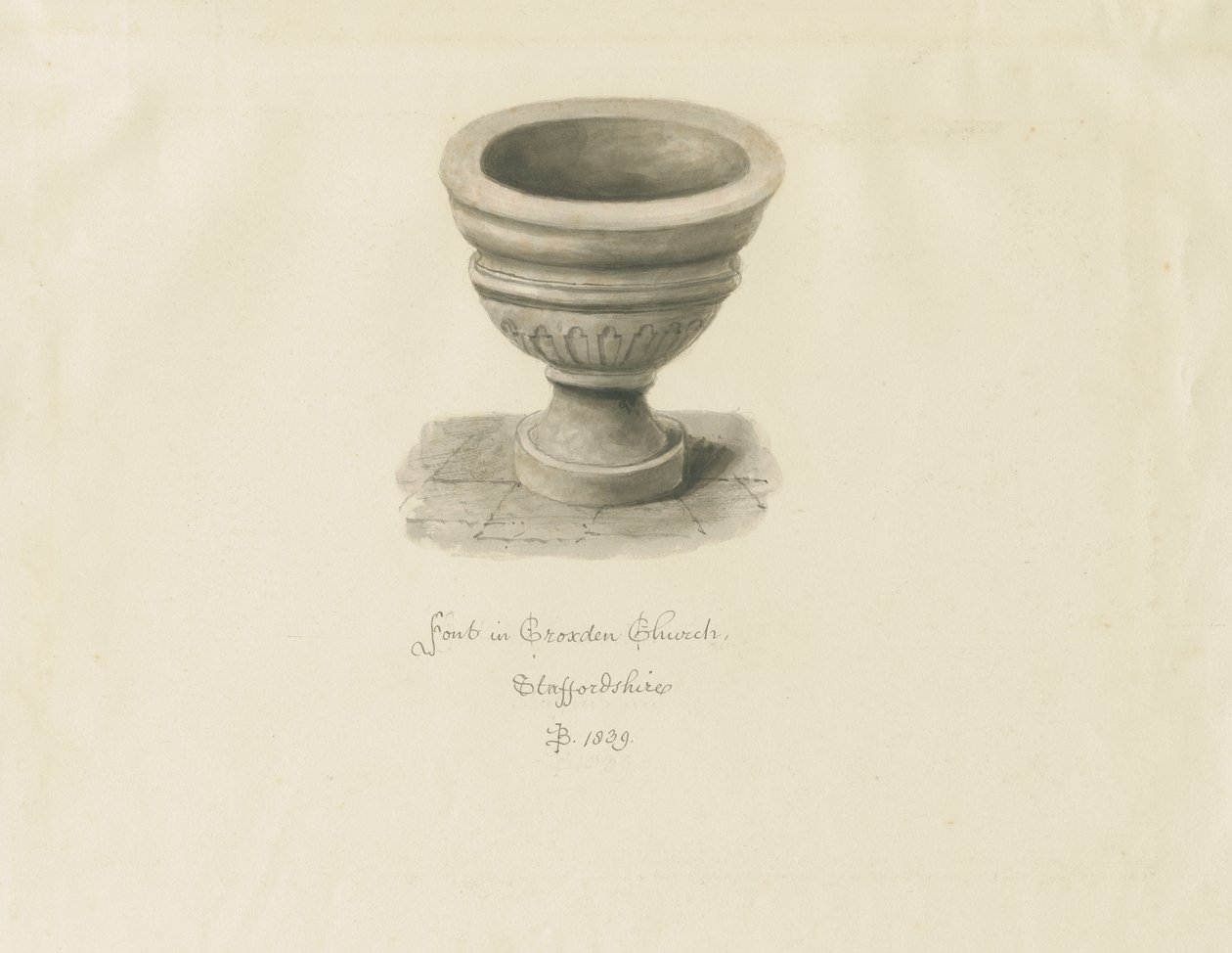 Croxden - Font in the Guest Chapel: seepiapiirros tekijältä John Buckler